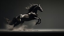 Fast Galloping Black And White Horse Casting Shadow While Art Minimalist. Silhouette Concept