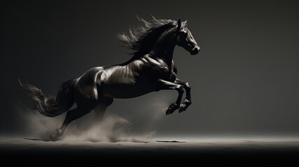 fast galloping black and white horse casting shadow while art minimalist. silhouette concept
