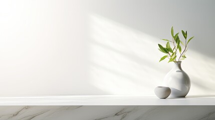 Poster - mockup product display with marble table white wall background and window shadow drop. silhouette co