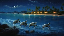  A Painting Of A Group Of Sea Turtles In The Ocean.  Generative Ai