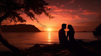 Aufkleber - Beach sunset creates romantic silhouette of couple