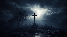 Moonlit Cemetery With A Cross. Silhouette Concept