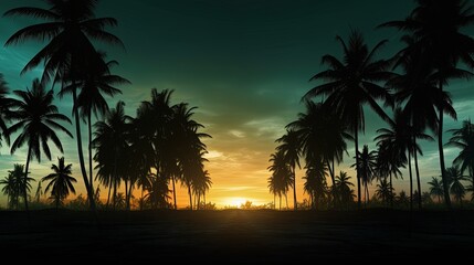 Sticker - Tropical coconut palm oil farm with tall tree silhouettes and fresh leaves on a tropical coast