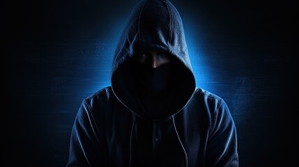 Unrecognizable figure in dark blue hoodie concealed face arms crossed solitary in darkness. silhouette concept