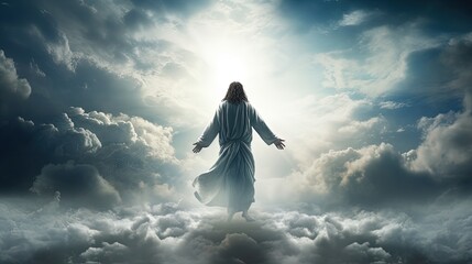 Poster - Ascension of Jesus in clouds Second coming Christian Easter Faith Christianity. silhouette concept
