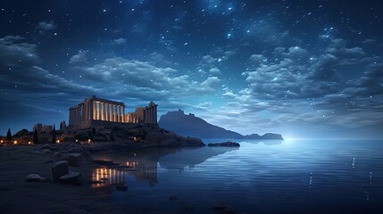 Poseidon s temple under a night sky filled with stars. silhouette concept