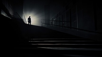 Wall Mural - Man alone ascending stairs from behind. silhouette concept