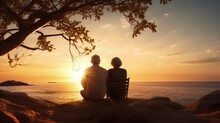 Elderly Couple Enjoying Sunset By The Sea. Silhouette Concept