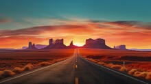 Sunrise On Scenic Road Heading To Monument Valley Park In Utah. Silhouette Concept