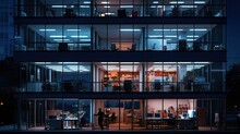 Late Night Overtime In A Contemporary Office Building With Workers And Lights. Silhouette Concept
