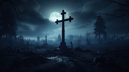 Wall Mural - Moonlit cemetery with a cross. silhouette concept