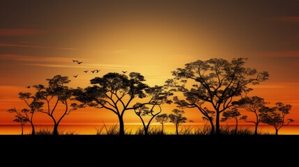 Fototapete - Shapes of trees and plants contrasting with the sun s descent. silhouette concept