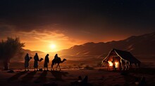 Evening Desert Nativity Scene During Christmas. Silhouette Concept