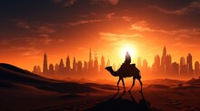Camel Crossing Desert With Dubai Skyline Blending Modern And Traditional UAE. Silhouette Concept