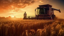 Using A Combine Harvester To Gather Wheat In A Field During A Summer Sunset And Transferring It To A Tractor. Silhouette Concept