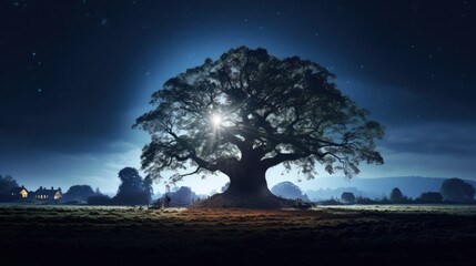 Poster - Ancient oak tree in the town. silhouette concept