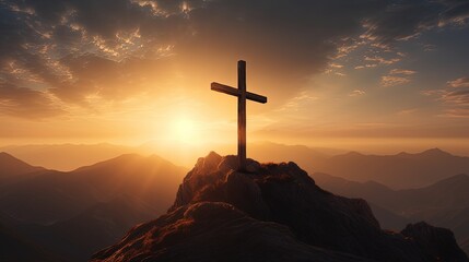 Wall Mural - Crucifixion of Jesus Christ on a mountain at sunset. silhouette concept