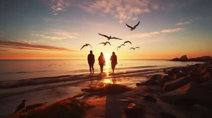 Wall Mural - People on the Baltic seashore watching seagulls at sunset. silhouette concept