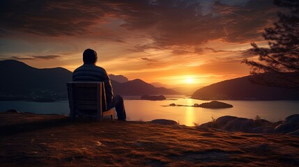 Canvas Print - Solitary individual observing the setting sun. silhouette concept