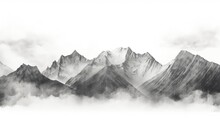 Black And White Hand Drawn Pencil Sketch Of A Mountain Landscape With Rocky Peaks In A Graphic Style On A White Background. Silhouette Concept