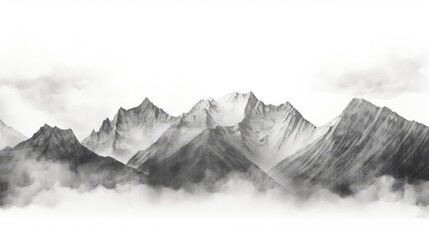 Black and white hand drawn pencil sketch of a mountain landscape with rocky peaks in a graphic style on a white background. silhouette concept