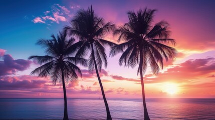 Poster - Gorgeous tropical sunset over beach with palm tree silhouettes Perfect for summer travel and vacation
