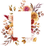 Elegant autumn floral border background with dahlia, rose and fall leaves