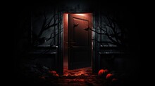Halloween Themed Room With An Open Door In Darkness. Silhouette Concept