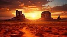 Summer Sunrise In Monument Valley Arizona. Silhouette Concept