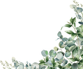 Wall Mural - Watercolor eucalyptus illustration. Corner border. Greenery frame. Floral arrangement PNG