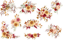 Autumn Floral Illustration Clipart. Bouquet With Dahlia, Rose And Fall Leaves. Blush And Burgundy, Terracotta Flowers Arrangement PNG