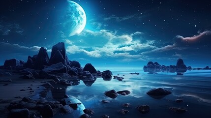 Wall Mural - Futuristic seascape at night with moon s reflection on water large stones and trees on the shore neon blue meteorite rays and islands in the landscape. silhouette concept