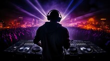Night Club DJ Wearing Headphones Under Party Lights Showcasing The Nightout Theme. Silhouette Concept