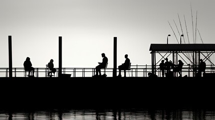 Black and white photograph of people resting on a sea pier. silhouette concept