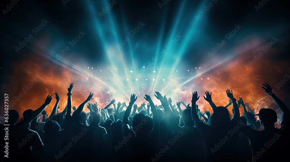 crowd cheering in front of stage lights. silhouette concept Stock Photo ...