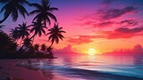 Fototapeta Zachód słońca - Gorgeous tropical sunset over beach with palm tree silhouettes Perfect for summer travel and vacation