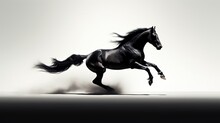 Fast Galloping Black And White Horse Casting Shadow While Art Minimalist. Silhouette Concept