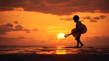 Canvas Print - Asian boy with guitar enjoying summer sunset chasing musician dreams. silhouette concept