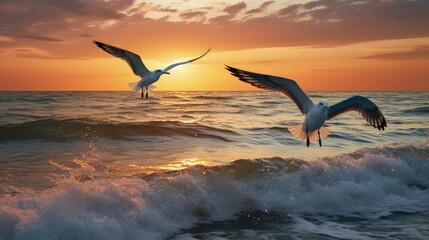 Canvas Print - Seagulls flying over the sunset lit sea. silhouette concept