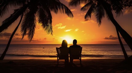 Poster - Romantic couple on a beach under palm trees during sunset. silhouette concept