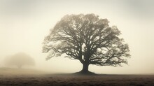 Foggy Day Silhouette Of An Ancient Oak Tree