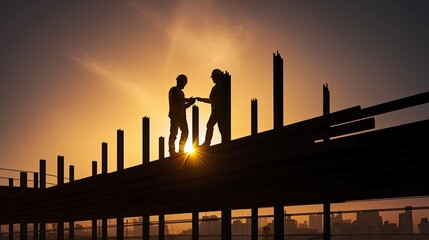 two workers on falsework in a silhouette