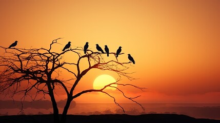 Poster - Birds in silhouette perched on trees in a dusky sky