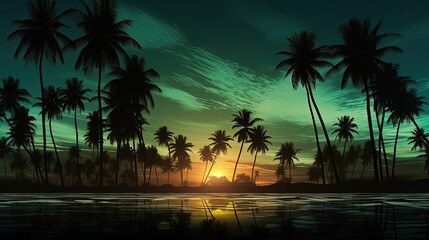 Poster - Tropical coconut palm oil farm with tall tree silhouettes and fresh leaves on a tropical coast