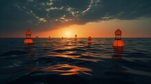 Restrictive Orange Sea Buoys For Safe Swimming. Silhouette Concept