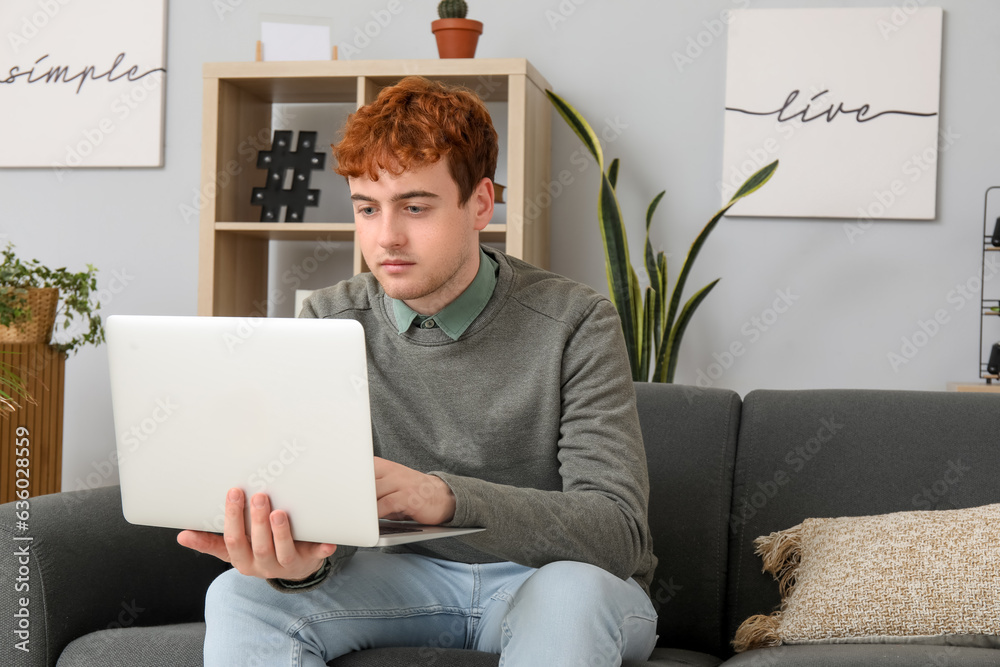 Male freelancer working with laptop on sofa at home