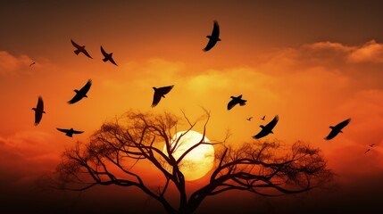 Poster - Birds in silhouette perched on trees in a dusky sky