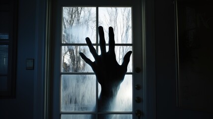 Wall Mural - Hand silhouette behind window or glass door representing fear or terror