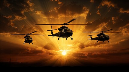 Sticker - Five military helicopters silhouetted against a golden sunset sky