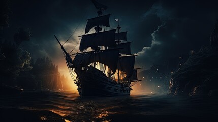 Silhouette of pirate ship at night with mysterious sea light